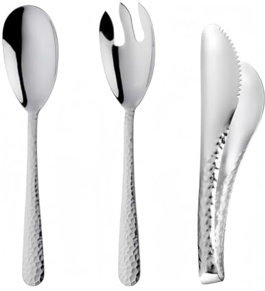 Ymeibe Salatlöffel und Gabel, Edelstahlzange, Servierset, robust, gehämmerte Oberfläche, großes Salatbesteck für Küche, Party, Buffet, Versorgung (Silber)