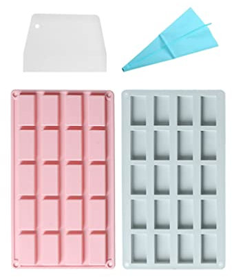 2 Stück Silikon-Seifenformen, 20 Mini-Hohlräume, Rechteckige Silikon-Seifenformen Für Hausgemachte Bastelseifenform, Kuchenform, Schokoladenform ＆ Eiswürfelschale, Mit Spritzbeutel Und Schaber