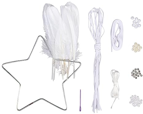 Rayher DIY Bastelset Traumfänger Stern, 20 cm ø, Länge ca. 60 cm, weiß/creme/silber, Dreamcatcher aus Metallstern, Perlen, Federn, Velourband und Garn, Deko-Hänger, Wanddekoration, 66076000