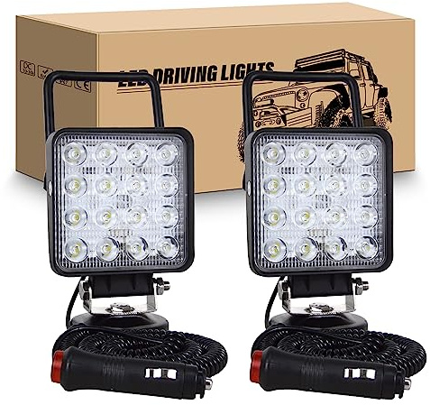 RIGIDON 2x Arbeitsscheinwerfer mit Magnetfuß, 4 Zoll 48W Led Scheinwerfer | 12V 24V Spot Offroad Zusatzscheinwerfer, Zigarettenanzünder, 5 meter Kabel für Auto Traktor KFZ LKW 4x4 Camping Boot, 6000K