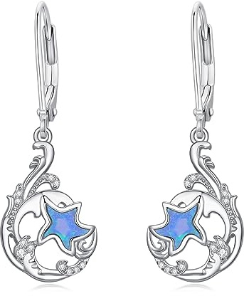 Seestern Ohrringe für Damen 925 Sterling Silber Wellen Hängend Ohrhänger Blauer Opal Seestern Strand Schmuck Geschenk
