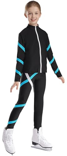 HULIJA Mädchen Sport Kleidung Set Langarm Eiskunstklauf Jacke mit Reißverschluss + Eislaufhose Eiskunstlauf Anzug Trainingsanzug Gymnastik A Blau Grün 122-128