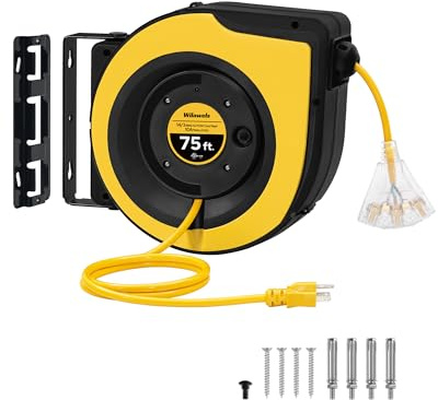 WILAWELS Retractable Extension Cord Reel, 75 FT Extension Cord Reel, 14AWG/3C SJTOW Heavy Duty Power Cord Reel, Lighted Triple Tap, 10A Circuit Breaker, Wall/Ceiling Mounted, UL Listed, Yellow Y75CR06