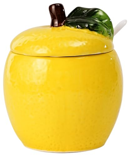 KHGBT Hand-painted Ceramic Fruit Shape Sugar Bowl Spice Jar Seasoning Pot with Lid Spoon (Lemon)