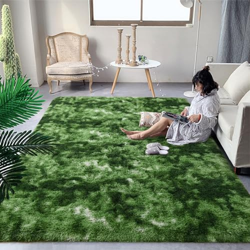DweIke Fluffy Dark Green Rugs for Bedroom Living Room, 6x9 Large Soft Plush Shaggy Tie-Dyed Forest Moss Green Girls Boys Kids Rug, Non-Slip and Machine Washable Carpet for Dorm Nursery Decor
