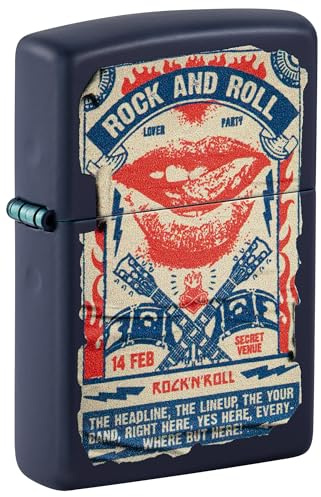 Zippo Windproof Lighter - Rock & Roll Poster - Navy Matte Finish, Colour Image - Refillable - Reusable - Windproof Design - Gift Box - Made in USA