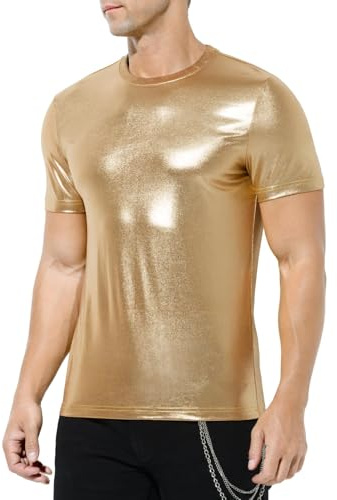 Casey Kevin Metallisk skjorta för män, metallisk glänsande paljetter kortärmad T-shirt för fest klubb party disco dans halloween cosplay, Guld, L