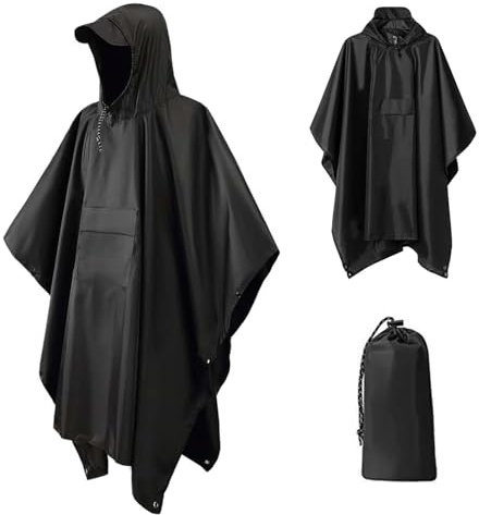RHHGHY Poncho Impermeable, Poncho Lluvia 210T Oxford, Capa Lluvia Multiusos Hombre Mujer, Chubasquero con Capucha, para Libre, Picnic, Trekking Camping, Senderismo (Tela Oxford, Negro)