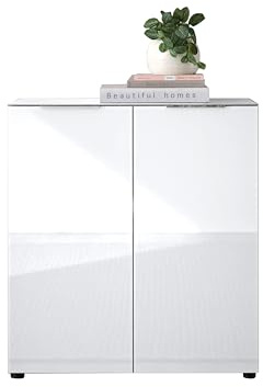 Kommode SANTORIN weiß mit Glasfront, Schrank Korpus in weiß mit Oberboden in Glas-mit viel Stauraum für Ihren Wohnbereich - 90 x 99 x 40 cm (B/H/T) | Schrank mit 2 verstellbaren Einlegeböden, Lip-Griffe aus Metall, Korpus in Weiß mit Oberboden aus Glas, Wohnzimmer