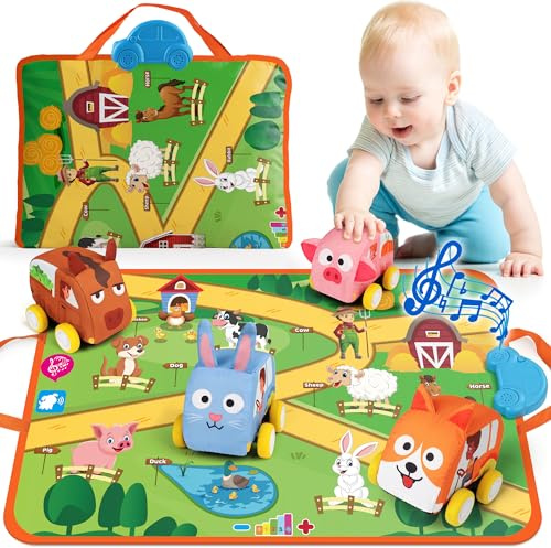 Coogam Tappetino da gioco con auto musicali per bambini di 1, 2 e 3 anni, cestino pasquale, morbido set di veicoli con animali della fattoria, tappeto da gioco per bambini, giocattolo Montessori a