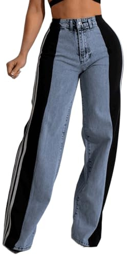 Angsuttc Womens Jeans with Patchwork Stripes High Waisted Stretchy Denim Color Block Straight Wide Leg Trendy Jean