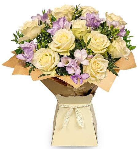 Rose & Freesia Flower Bouquet of Fresh Real Flowers Bouquet - White Roses, Lilac Freesia and Lush Foliage - Perfect for any Birthday, Anniversary, or say Thanks