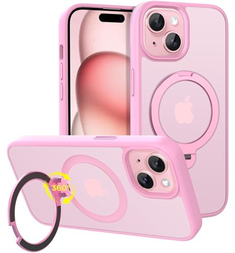 CACOE Magnetic Case for iPhone 15 6.1 inch with 360 Rotatable Ring Stand, Compatible with MagSafe Car Phone Mount, iPhone 15 Cases Cover Phone Holder for Desk Meeting/Videos Pink