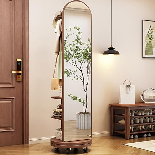 Ganzkörperspiegel mit Schwenkbaren Rädern, 360° Drehbarer Ganzkörperspiegel Aus Massivholz mit Garderobe, 2-in-1-bodenspiegel und Garderobe, Für Wohnzimmer, Schlafzimmer, Garderobe