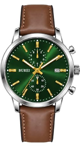 BUREI Herrenuhr Chronograph 44mm – Retro Armbanduhr Herren mit großem Zifferblatt & Lederarmband | Business, Casual, Sport | wasserdicht | Geschenk für Männer