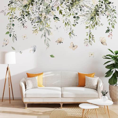 Dokeno Wandtattoo Pflanzen Wandsticker, Wandaufkleber Hängende Rebe Grüne Blätter Blumen Schmetterlinge, Wanddeko Wandsticker Pflanzen Selbstklebend für Wohnzimmer Schlafzimmer