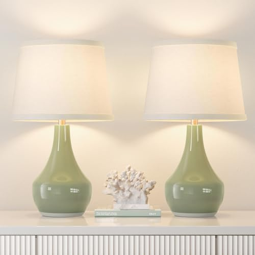 Seealle Modern Green Table Lamps Set of 2 - Bedside Lamps for Night Stands, 19.4 Bedroom Lamps for Living Room Sage Green Lamps with Rocker Switch