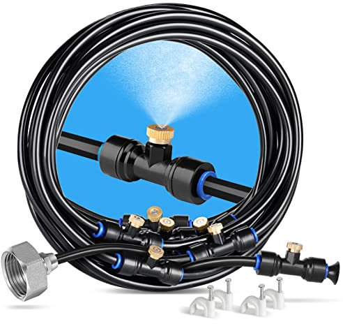 HIRALIY Nebulizzatore Giardino Sistema di Irrigazione 8M, con 7 Irrigatore Giardino Ottone + 3/4 Adattatore in Ottone, per Ombrellone Gazebo, Serre e Piscinaecc