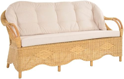 Krines Home Wintergarten Rattansofa Natur Rattan Sofa Dreisitzer Wohnzimmer Couch Rattanmöbel (Honig, 3-Sitzer)