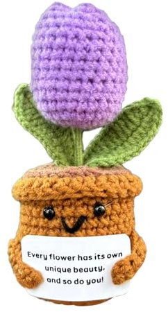 Nhemeylp Divertente regalo di tulipano viola positivo, supporto emotivo peluche in vaso di lana, fiori lavorati a maglia, 15 x 6 x 6 cm, stravagante, giocoso, confortante, pianta artificiale in vaso