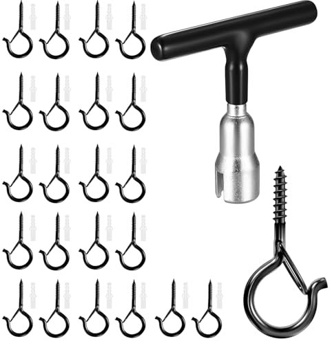 VVHFXD Lot de 22 crochets à visser en acier inoxydable noir, crochet de plafond, vis de sécurité, crochet mural pour suspendre plantes en pot, guirlandes lumineuses, cage, studio
