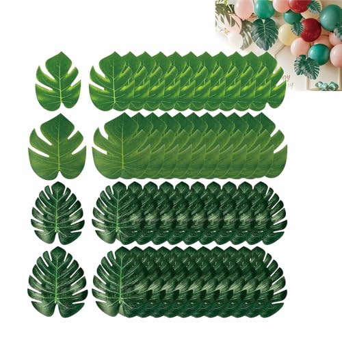 Tropische Blätter Dekorationen, Künstlich Monstera Pflanze Palmenblätte mit Stielen, Künstliche Palmenblätter 48 Stück Tropische Blätter, 24 Stück Künstliche Monstera-Blätter Hibiskusblüten Deko