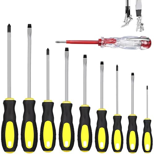 9Pcs Magnetic Tip Screwdriver Set with Voltage Tester Phillips, Flat Head | Non-Slip Ergonomic Handles Screw Drivers Chrome Vanadium Steel Tips