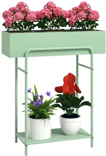 Outsunny 2 Tier Plant Stand, Metal Plant Rack Shelf with Drain Holes, Floor-standing Flower Pot Stand for Indoor Outdoor Garden Patio Balcony Living Room, Green