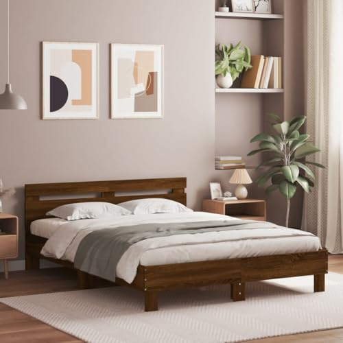 KTHLBRH Bettgestell Familienbett Doppelbett Schlafzimmer möbel Bettgestell mit Kopfteil LED-Beleuchtung Braun Eichen-Optik
