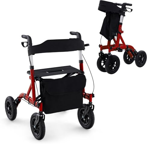 RELAX4LIFE Rollator Faltbar Leichtgewicht, 2 in 1 Rollstuhl Reiserollator, Gehwagen 6-fach Höhenverstellbar, Laufhilfe mit 2 Bremsen Stockhalter Tasche, Aus Aluminium bis 136 kg (Rot)