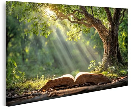 islandburner Prime Bild auf Leinwand Magisches Baumlicht und offenes Buch im Wald für Wohnzimmer Naturfreunde Buchhandlung Bilder Wandbilder Poster