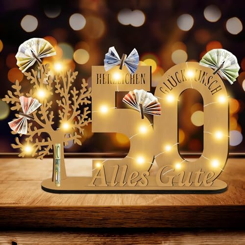 Idota 50 Geburtstag Frau Mann Deko Geldbaum Geschenk, Lebensbaum Deko mit Led, Holz-Schild Gästebuch Geldgeschenke, Personalisierte Geburtstag Geschenk