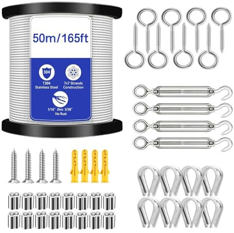 Drahtseil Edelstahl, 50M/2mm Seilspanngarnitur, Drahtseil mit Ösen mit M5-Spanner-Kit, für Kletterpflanzen, Fechten, Hängeleuchten