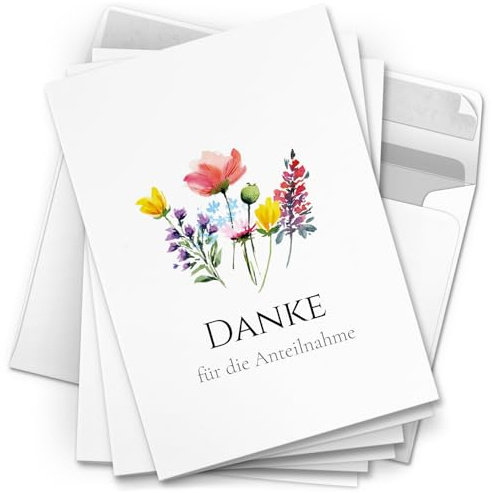 Danksagungskarten Trauer – 10 Klappkarten mit Umschlägen – Motiv: Blumen Mix – Trauerkarten Danksagung mit Text – Dankeskarten Trauer nach Beerdigung