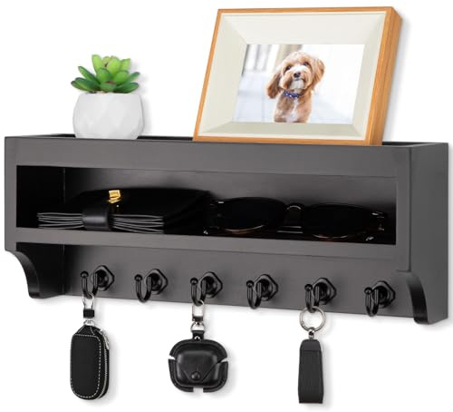 Nekon Key Holder Wall Mount, 12.8 W x 5.6 H x 3.7 D Wall Mounted Key and Mail Organizer with 6 Key Hooks, Key Racks for Home Entryway Decor (Black)