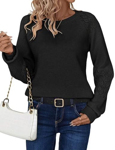 Zeagoo Maglia Invernale Donna Elegante Maniche Lunghe Pullover Girocollo Motivo all’Uncinetto vestibilità Ampia Autunno Inverno Basic Nero M