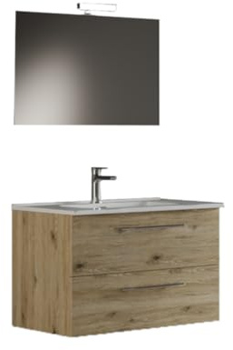 Mama Store IRIS 100 - Mobile Bagno Sospeso IN KIT DA MONTARE 100 CM QUERCIA NATURALE con Lavabo, Specchio e Lampada LED, L.101 X P.47 X H.53 cm