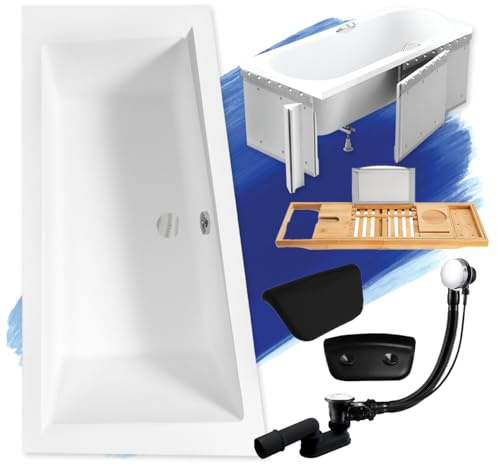 BADLAND Premium Set 6in1 Badewanne Eckwanne Acryl Weiß Wanne INTIMA 160x90 cm Links, Made in EU + Styroporverkleidung + Bambus Badewannenablage + Nackenkissen, Moderne Design, mit Ablauf und Füßen