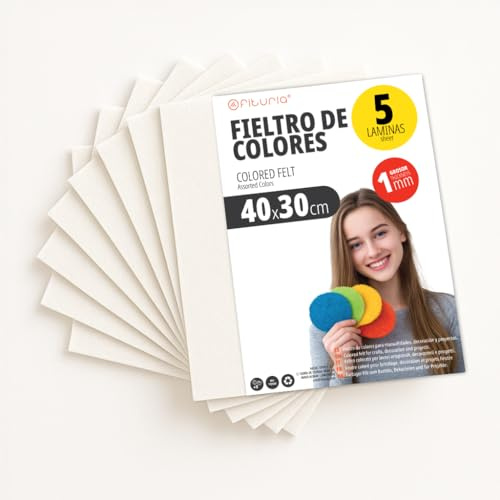 OFITURIA Fieltro para Manualidades DIY, Láminas de Tela de Colores Suaves y Flexibles para Costura, Patchwork, Proyectos Escolares, Arte Textil y Decoración 40x30cm (Blanco, 5 uds)