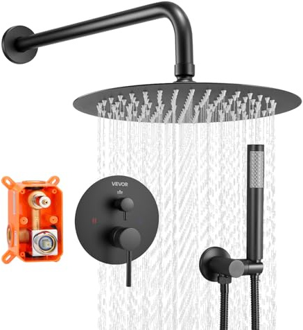 VEVOR Ensemble de Robinetterie de Douche Encastrable, Système de Douche de Pluie avec Pommeau de Tête Rond de 20,3 cm, Douchette à Main et Kit de Garniture, Fixation Murale, Salle de Bain, Noir Mat
