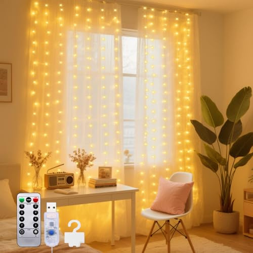 taiyongkang Lichtervorhang Innen 3x3m Mit 10 Haken Kürzbare Lichtfäden 200 Leds Mit USB Fernbedienung 8 Blinkmodi Timer Wasserdicht Für Fenster Weihnachten Party Kinderzimmer