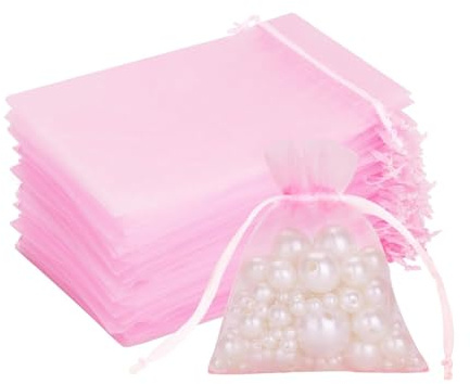 YingMengZhiGe 50 Stück Organzasäckchen 7x9 cm Babyrosa, 7x9 cm Schmuckbeutel Geschenksäckchen mit Zugband, Transparent Schmucksäckchen Organza Beutel Mini für Hochzeit Party Geschenk Süßigkeiten