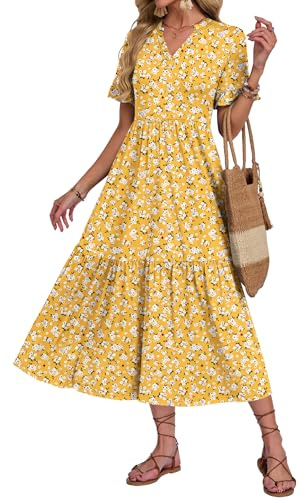 AUSELILY Summer Dresses for Women UK V Neck Maxi Dresses Ladies Ruffle Short Sleeve Swing Casual Long Beach Dress with Pockets