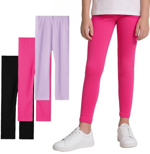 Domueay Leggings per Bambina Elasticizzati Traspirante Lunghi Pantaloni Modale Comodi Tinta Unita Pants Ragazze Abbigliamento Sportive Scuola, Confezione da 2, 8-9 Anni, Rosa Viola Nero