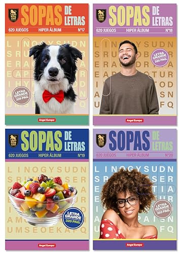 Pasatiempos Angel Europa, Mega Pack - Libros de 320 Páginas - Letra Grande - Elige tu Pack de Sudokus, Sopas de Letras o Cruzadas Envío Gratis (Pack de 4 Sopas)