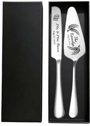 KBPTM Personalised Wedding Cake Knife and Server Set – Custom Cake Cutting Set with Engraved Names & Date, Cake Knife and Slice for Bride and Groom Anniversary Housewarming Gift (Black)