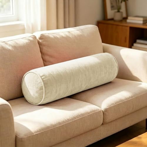 Genérico Cojín Cilíndrico de Rulo 40cm 50cm 60cm 70cm 80cm 90cm 100cm, Almohada Tubo de Espuma Alta Densidad 50D con Funda de Chenilla Lavable, Rulo para Sofá, Cama y Yoga(Beige,20x60 cm)