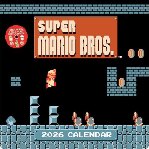 Super Mario Bros. 8-Bit Retro 2026 Wall Calendar + 6 Bonus Die-cut Notecards