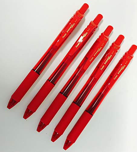 Pentel BL107 EnerGel, roter einziehbarer Tintenroller, 5 Stück 0,7 mm Metallspitze. Gummi-Griffzone. Packung mit 5 x roter Tinte. BL107-A Gelstifte