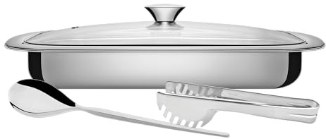 Plat avec couvercle en verre et couverts de service en acier inoxydable 38 x 25 cm